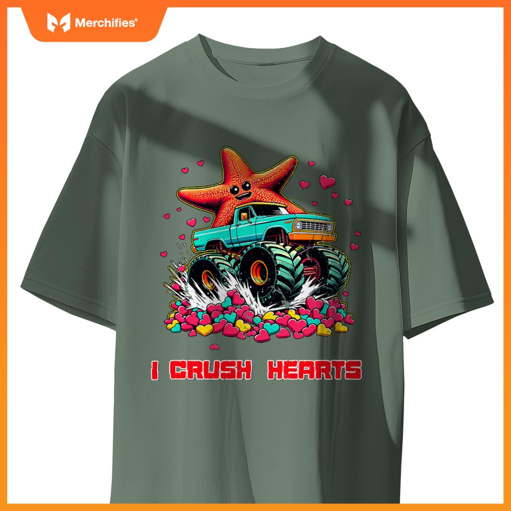 Monster Truck I Crush Hearts Starfish Valentines T-Shirt