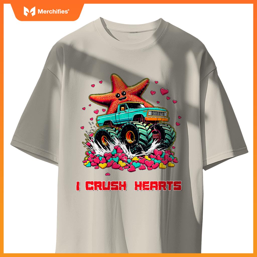 Monster Truck I Crush Hearts Starfish Valentines T-Shirt
