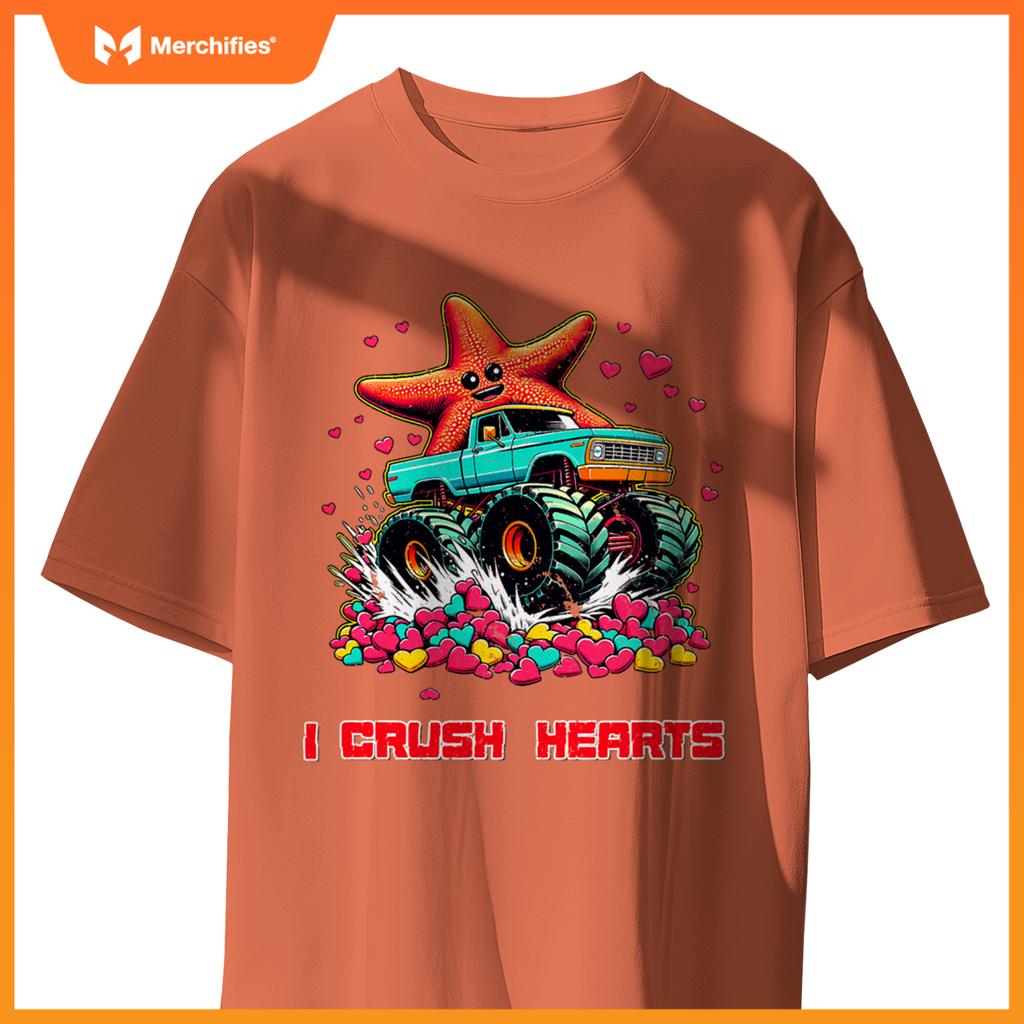 Monster Truck I Crush Hearts Starfish Valentines T-Shirt