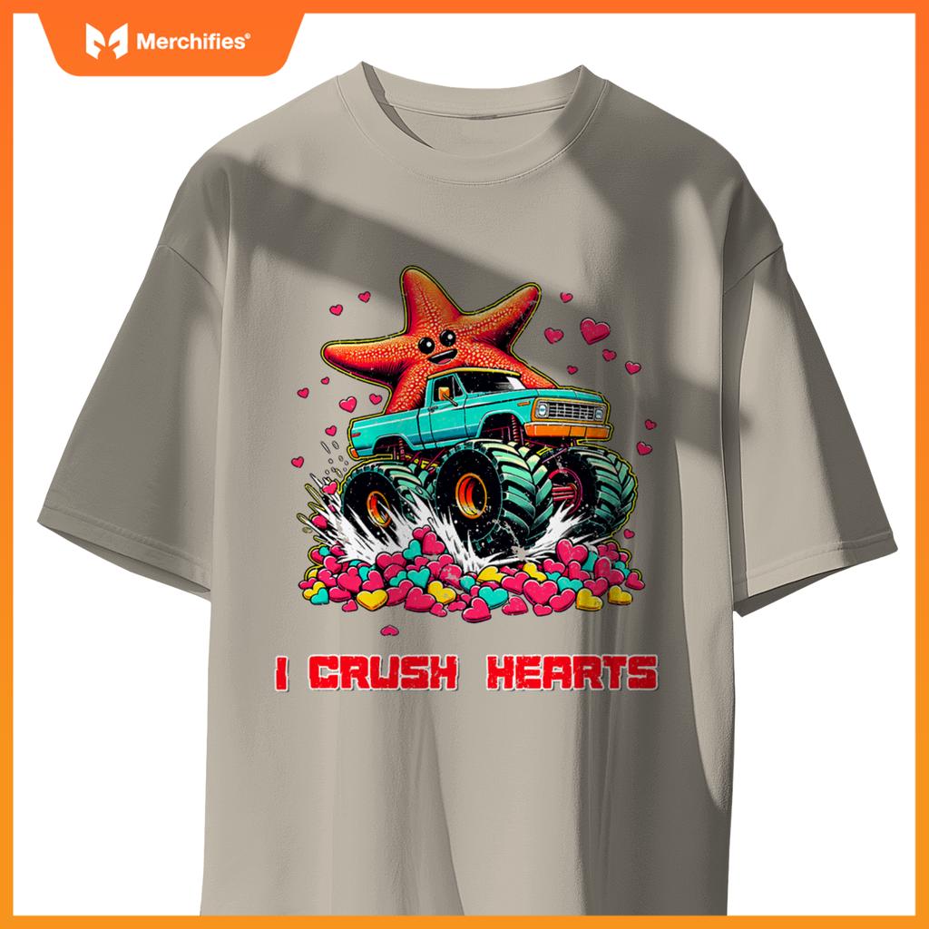 Monster Truck I Crush Hearts Starfish Valentines T-Shirt