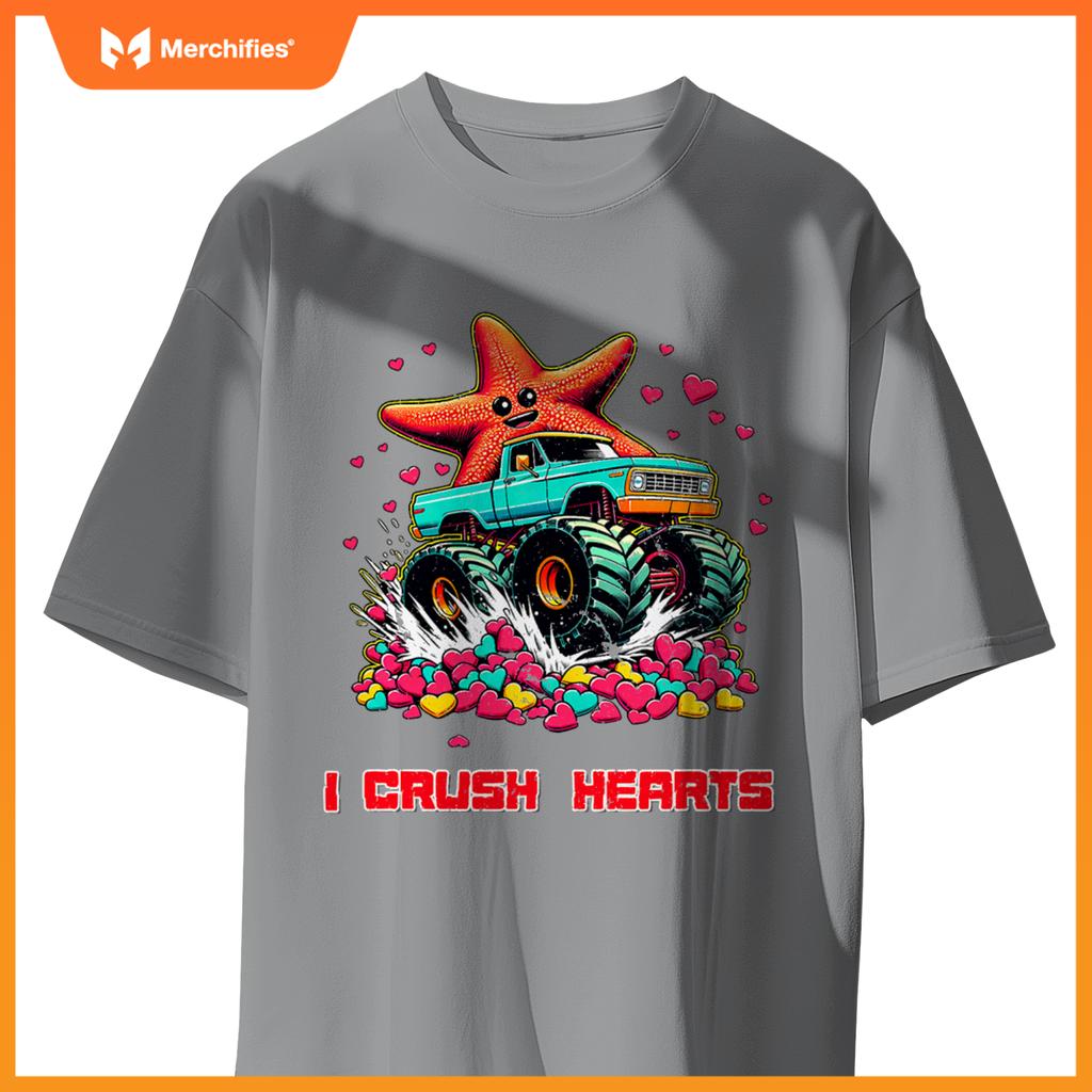 Monster Truck I Crush Hearts Starfish Valentines T-Shirt