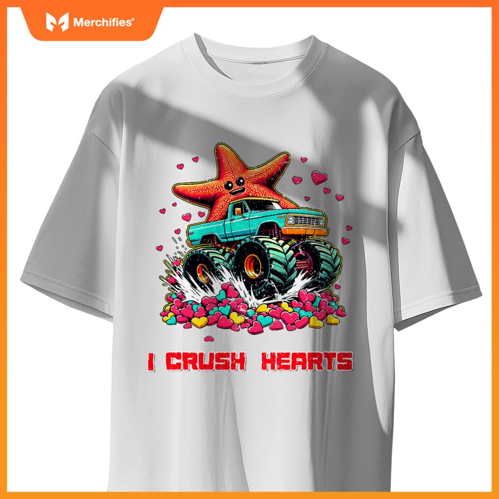 Monster Truck I Crush Hearts Starfish Valentines T-Shirt
