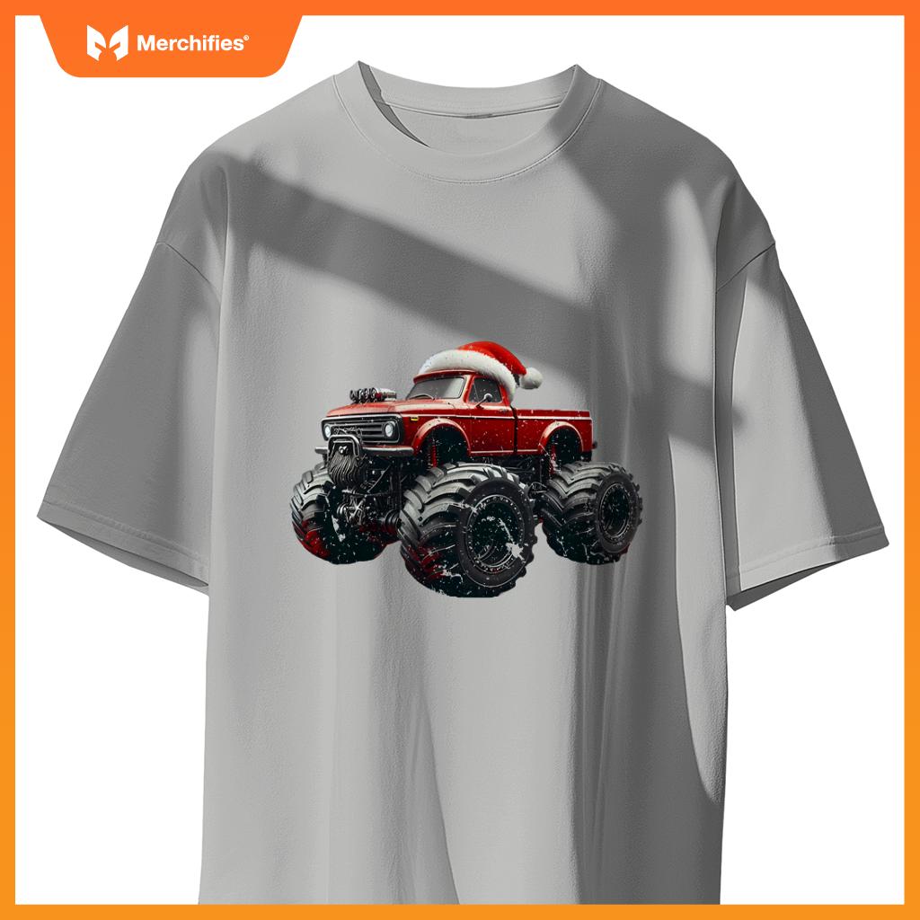 Monster Truck Santa Hat Christmas Lover Kids Realistic T-Shirt