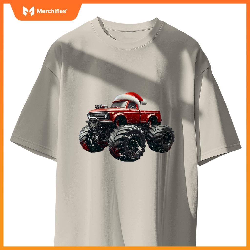 Monster Truck Santa Hat Christmas Lover Kids Realistic T-Shirt