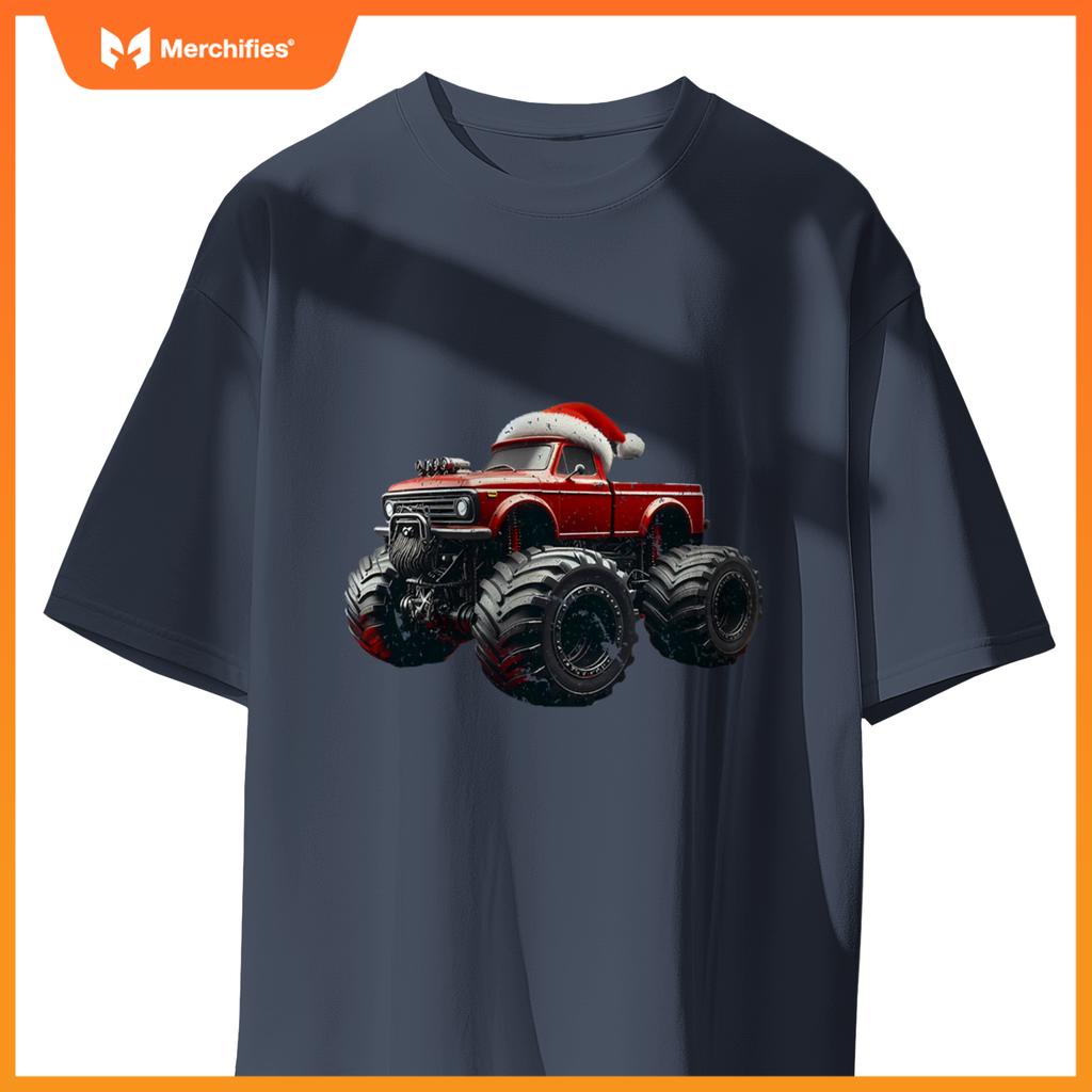 Monster Truck Santa Hat Christmas Lover Kids Realistic T-Shirt