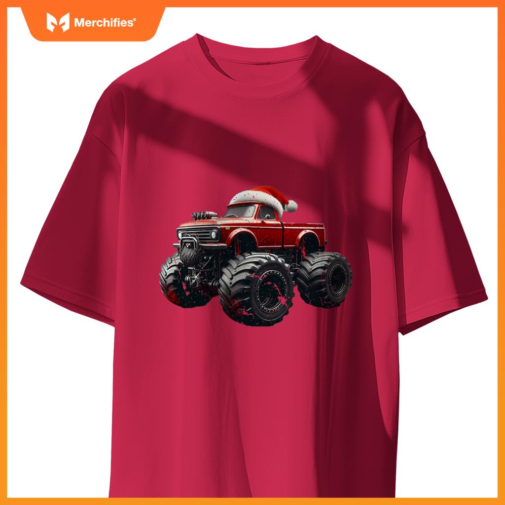 Monster Truck Santa Hat Christmas Lover Kids Realistic T-Shirt
