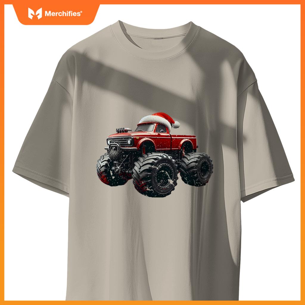 Monster Truck Santa Hat Christmas Lover Kids Realistic T-Shirt