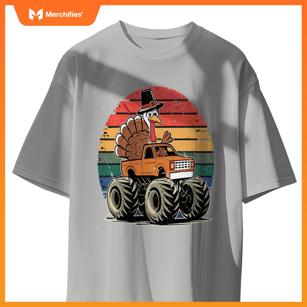 Monster Truck Turkey Sunset  Thanksgiving Boys Kids T-Shirt