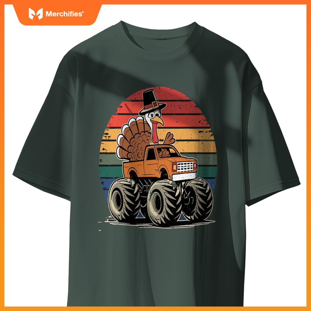 Monster Truck Turkey Sunset  Thanksgiving Boys Kids T-Shirt