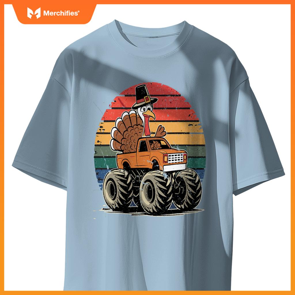 Monster Truck Turkey Sunset  Thanksgiving Boys Kids T-Shirt