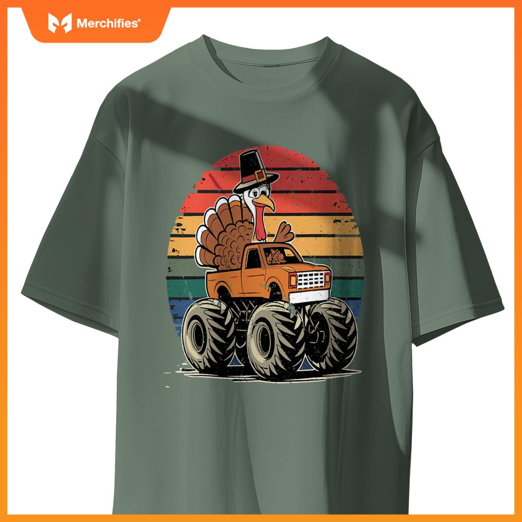 Monster Truck Turkey Sunset  Thanksgiving Boys Kids T-Shirt