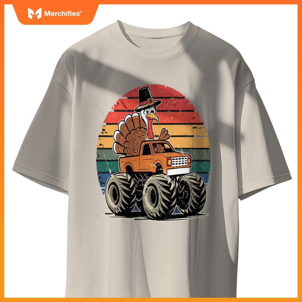 Monster Truck Turkey Sunset  Thanksgiving Boys Kids T-Shirt
