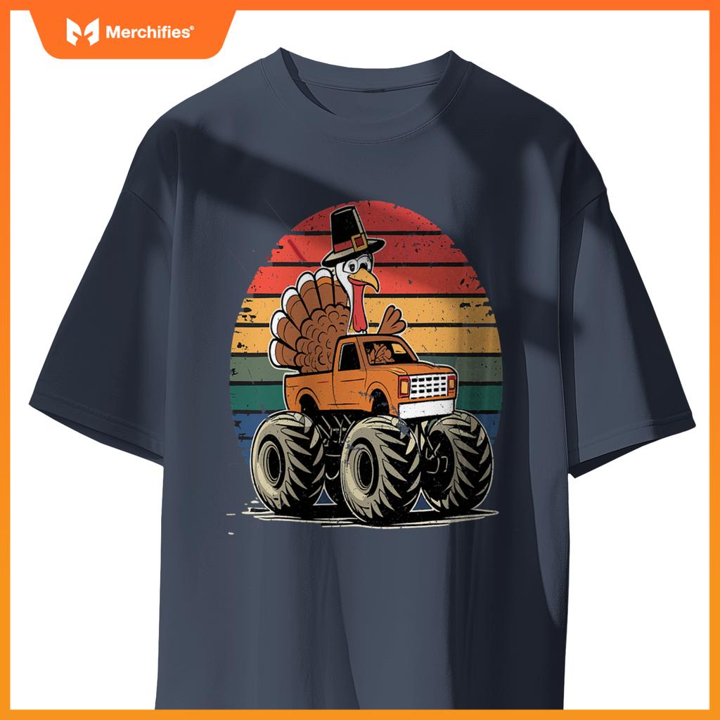 Monster Truck Turkey Sunset  Thanksgiving Boys Kids T-Shirt
