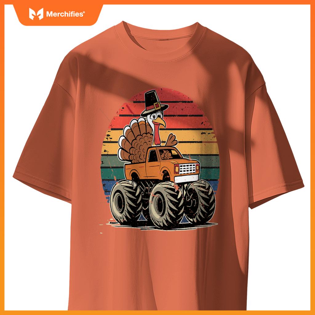 Monster Truck Turkey Sunset  Thanksgiving Boys Kids T-Shirt
