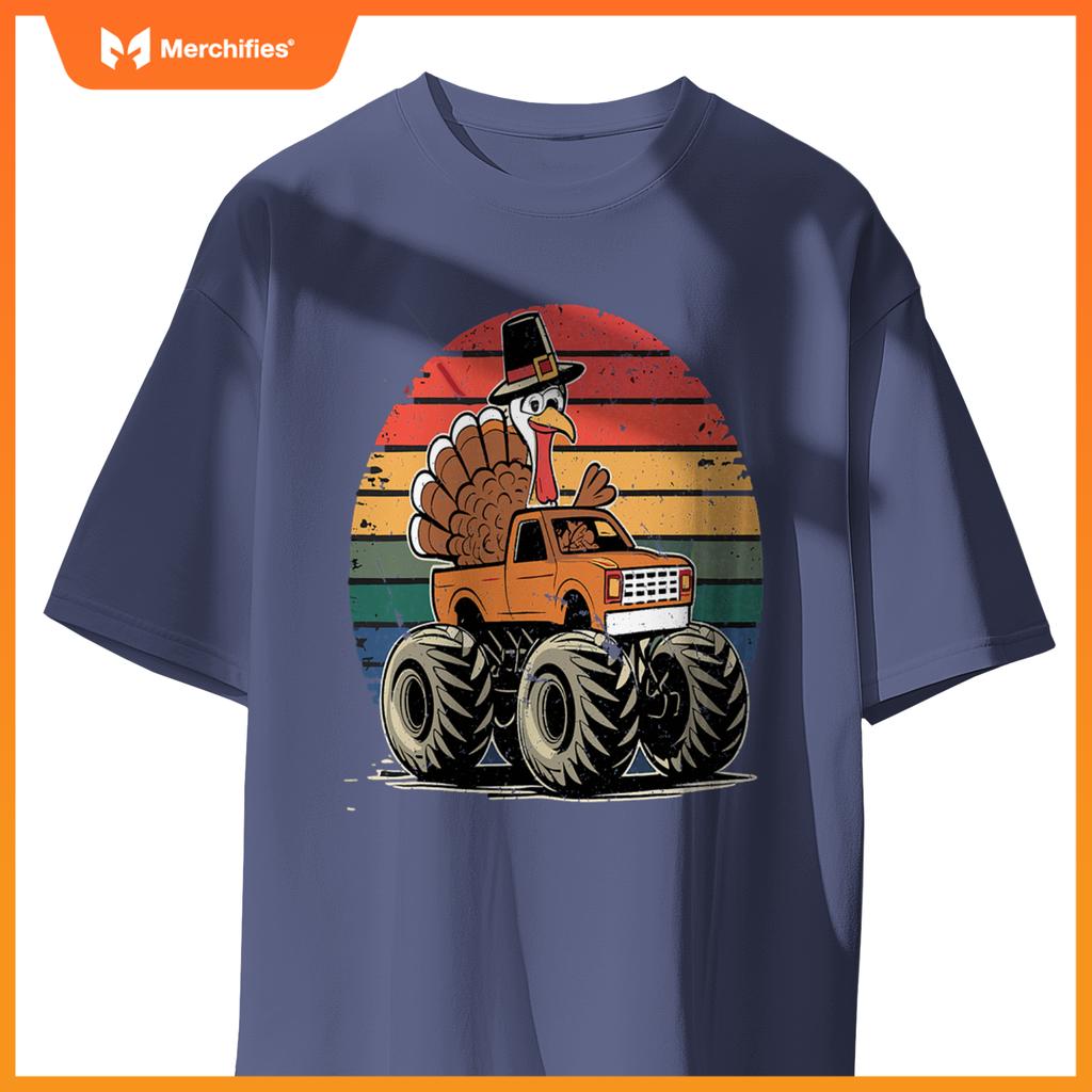 Monster Truck Turkey Sunset  Thanksgiving Boys Kids T-Shirt