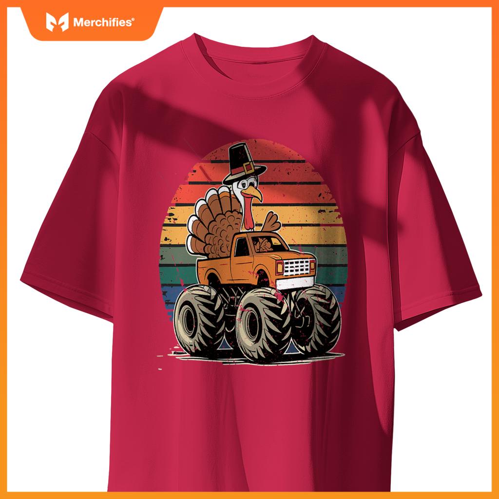 Monster Truck Turkey Sunset  Thanksgiving Boys Kids T-Shirt