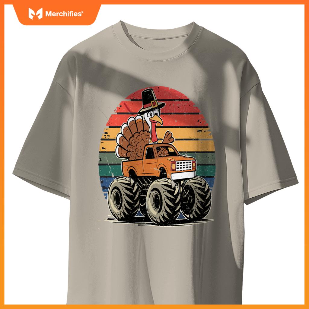 Monster Truck Turkey Sunset  Thanksgiving Boys Kids T-Shirt