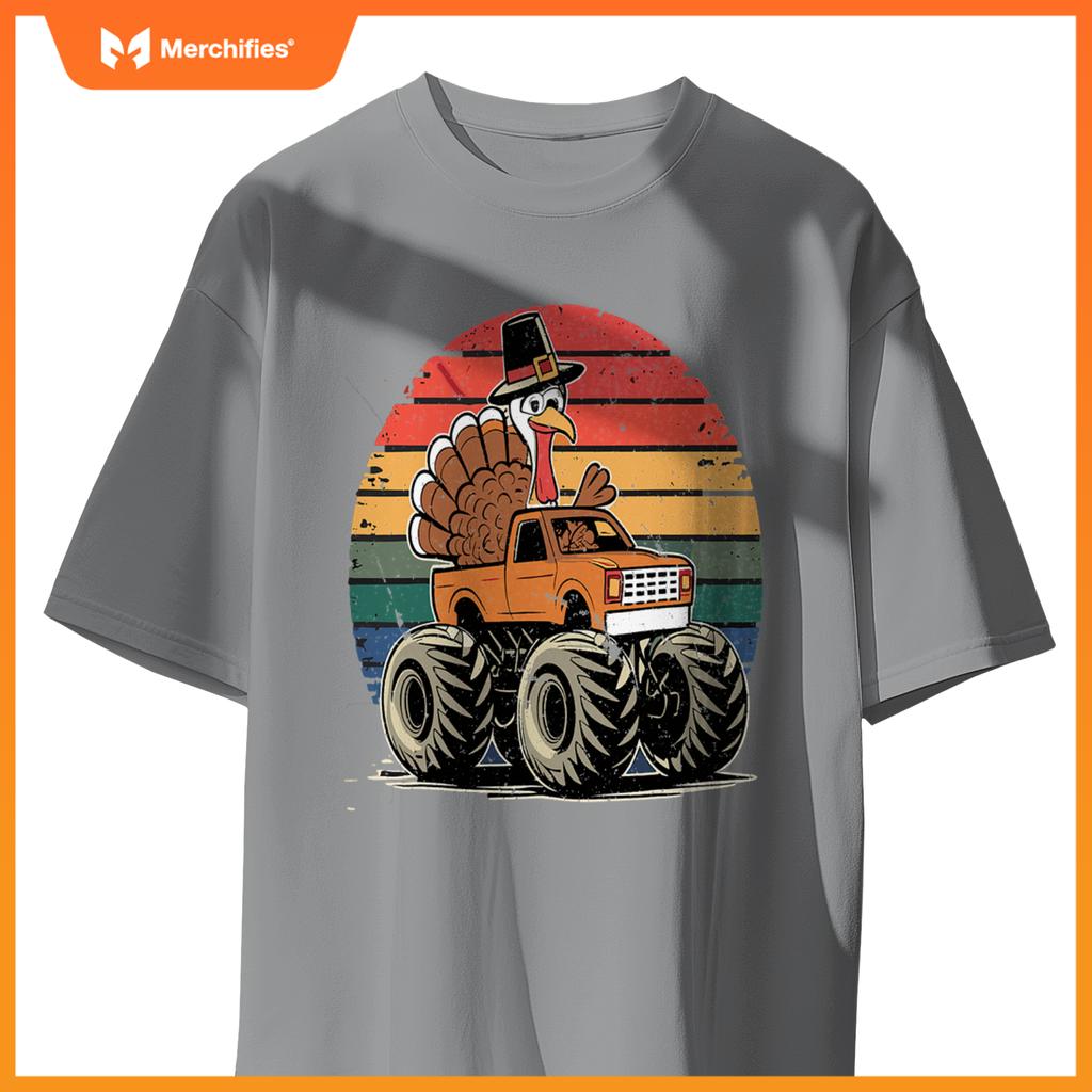 Monster Truck Turkey Sunset  Thanksgiving Boys Kids T-Shirt