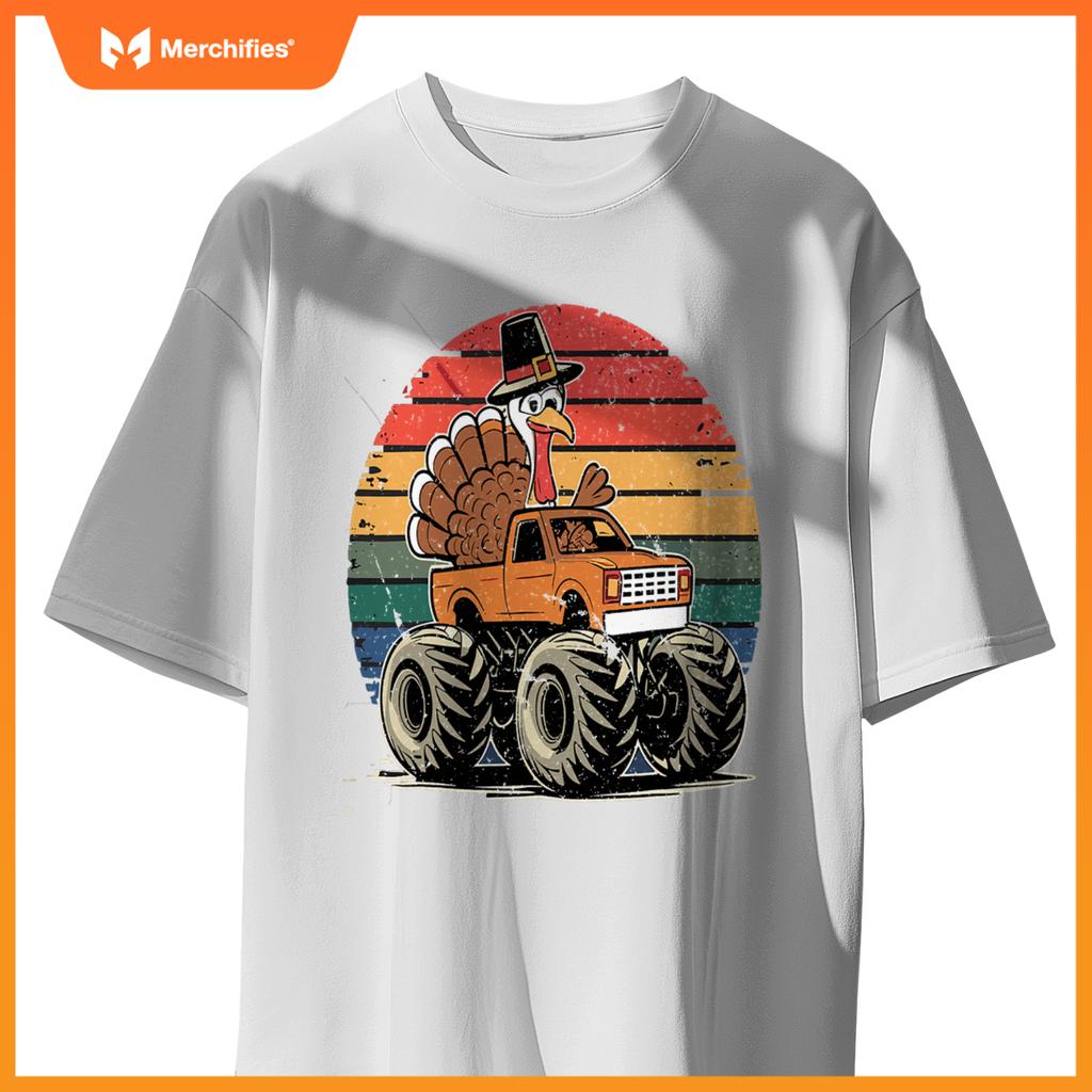 Monster Truck Turkey Sunset  Thanksgiving Boys Kids T-Shirt