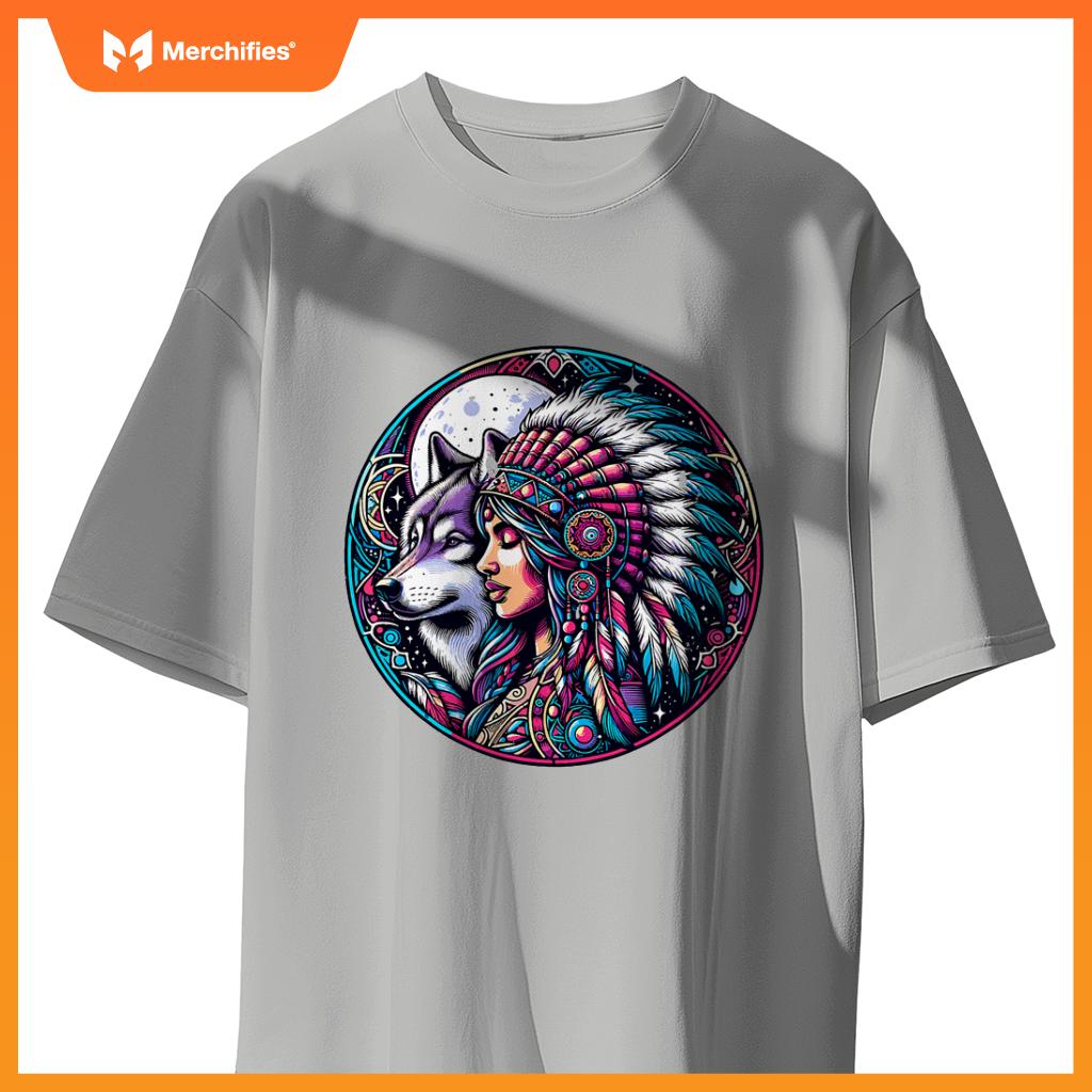 Native American Totem Woman And Wolf T-Shirt