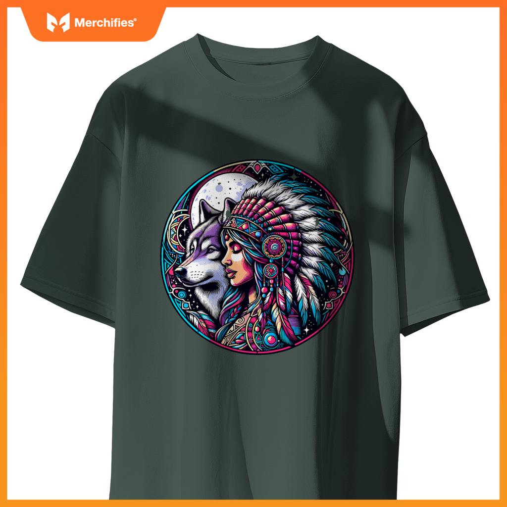 Native American Totem Woman And Wolf T-Shirt