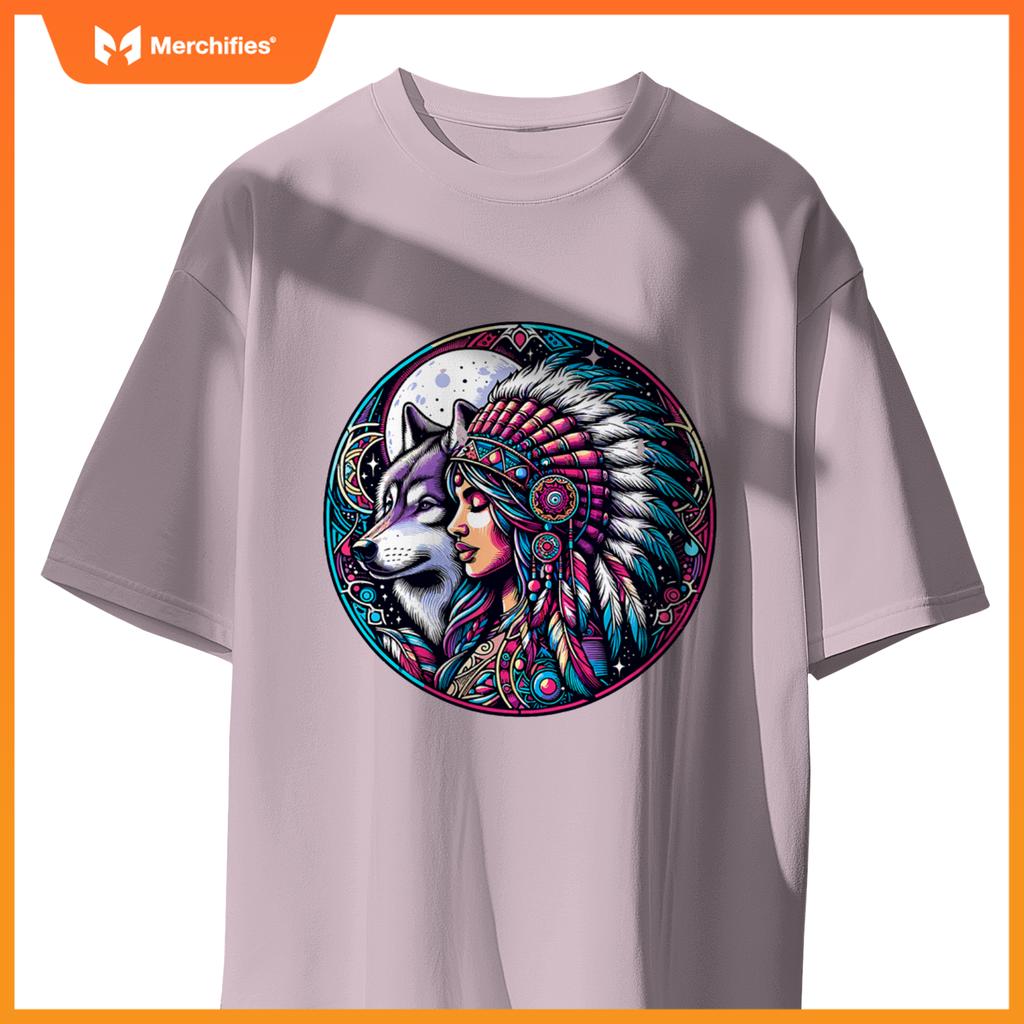 Native American Totem Woman And Wolf T-Shirt