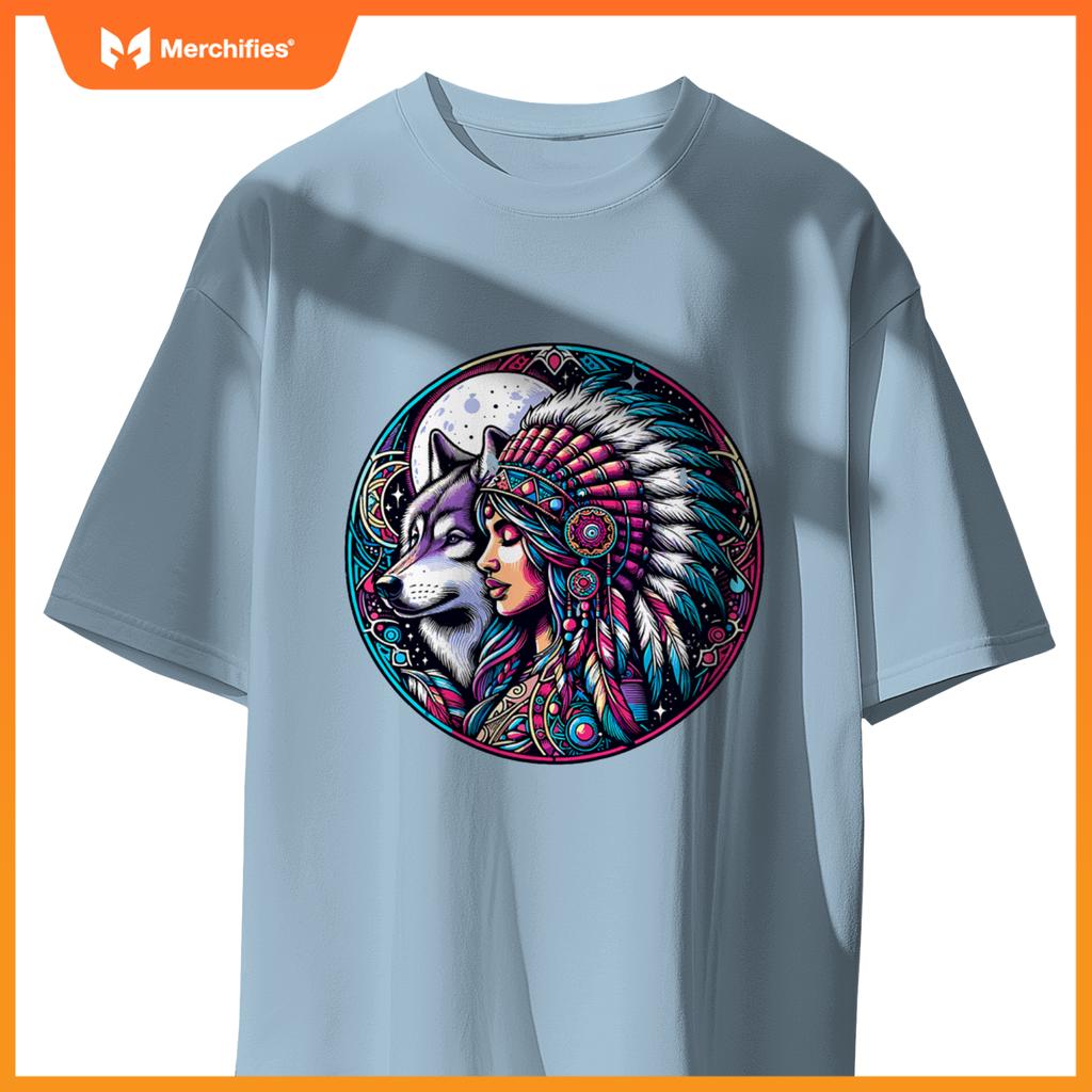 Native American Totem Woman And Wolf T-Shirt