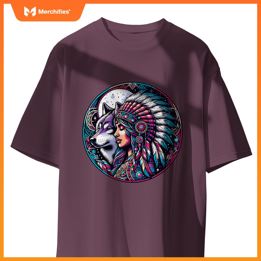 Native American Totem Woman And Wolf T-Shirt