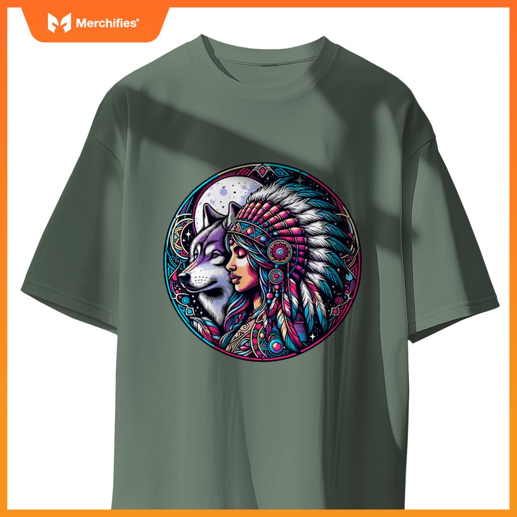 Native American Totem Woman And Wolf T-Shirt