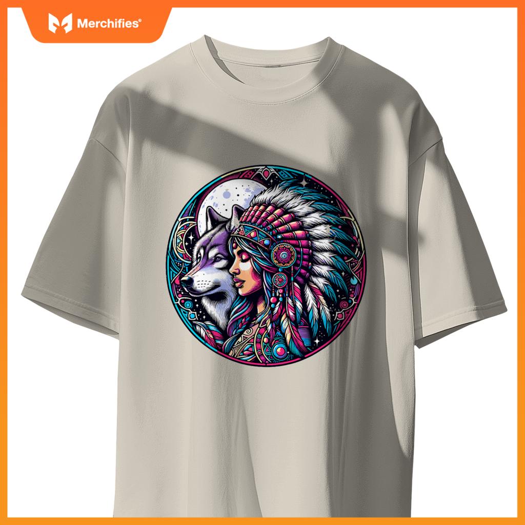 Native American Totem Woman And Wolf T-Shirt