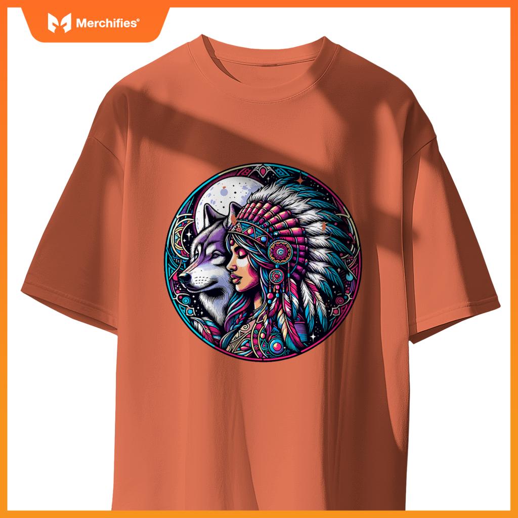 Native American Totem Woman And Wolf T-Shirt