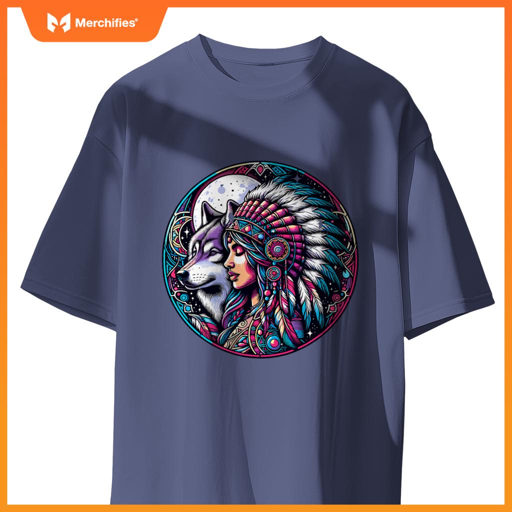 Native American Totem Woman And Wolf T-Shirt