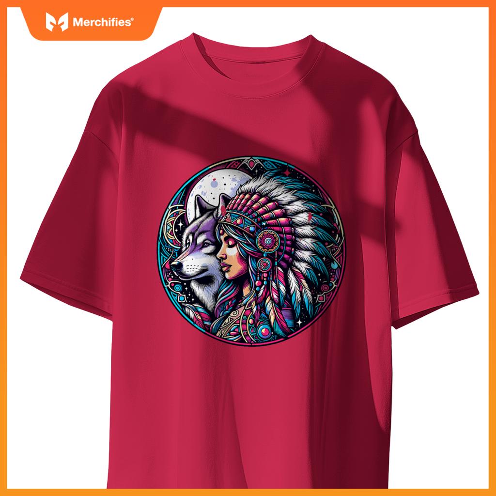 Native American Totem Woman And Wolf T-Shirt