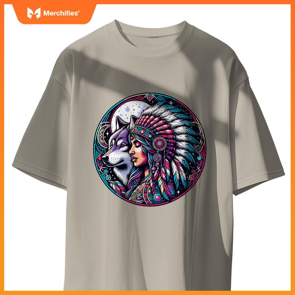 Native American Totem Woman And Wolf T-Shirt