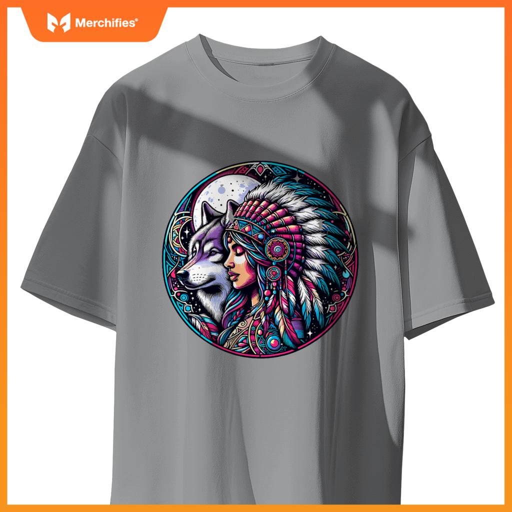Native American Totem Woman And Wolf T-Shirt