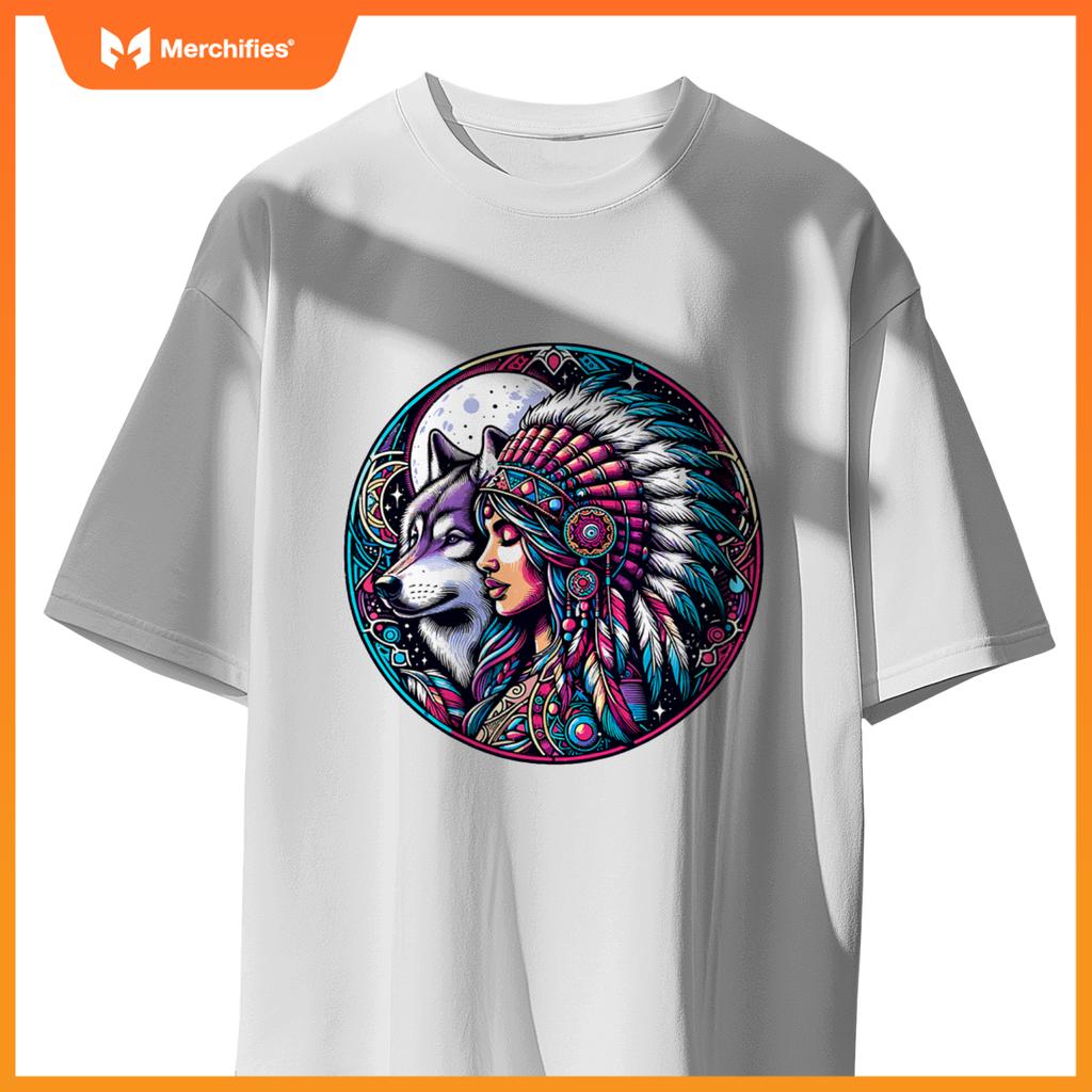 Native American Totem Woman And Wolf T-Shirt