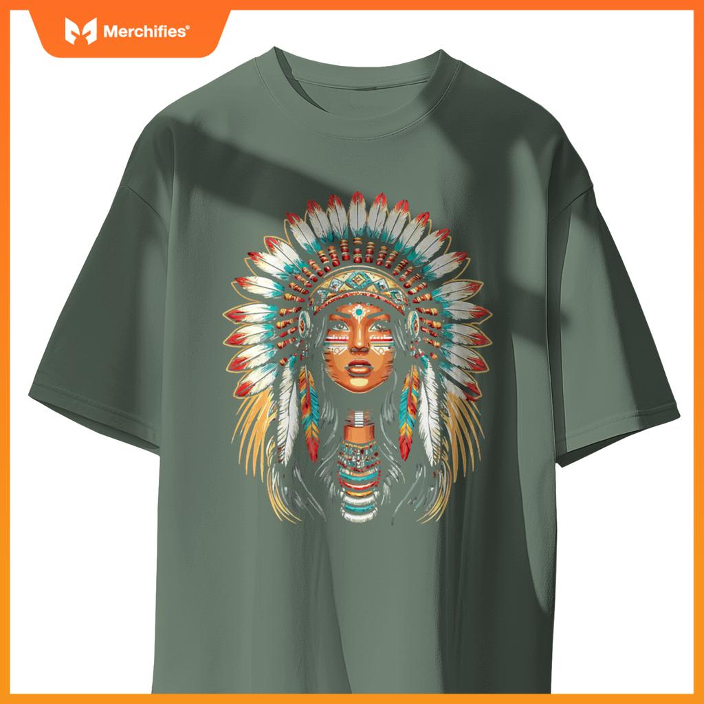 Native Us Flag Head Native American Girls Women T-Shirt