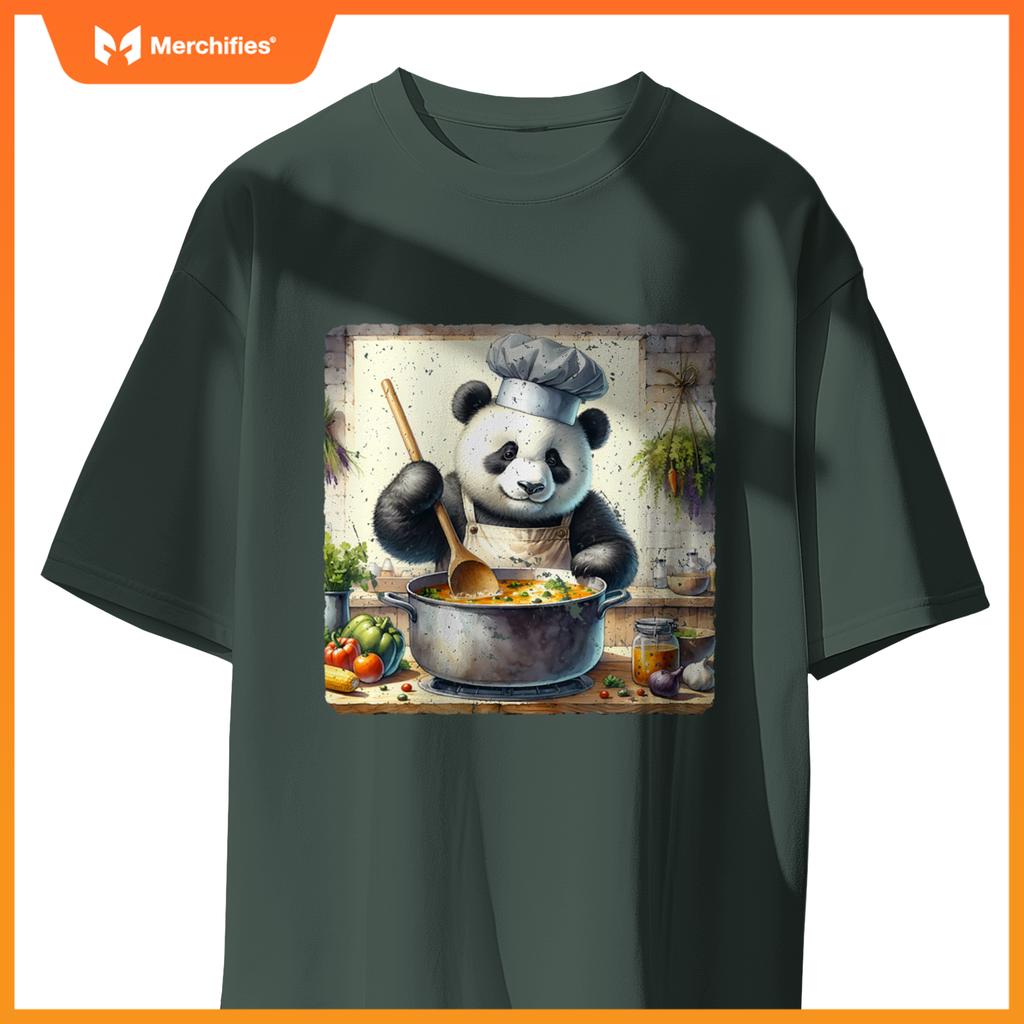 Panda Cooking Soup In A Rural Kitchen Herbs Vegetables Chef T-Shirt