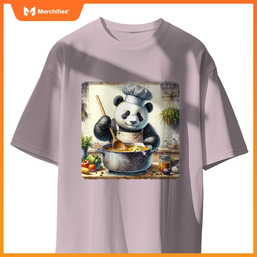Panda Cooking Soup In A Rural Kitchen Herbs Vegetables Chef T-Shirt