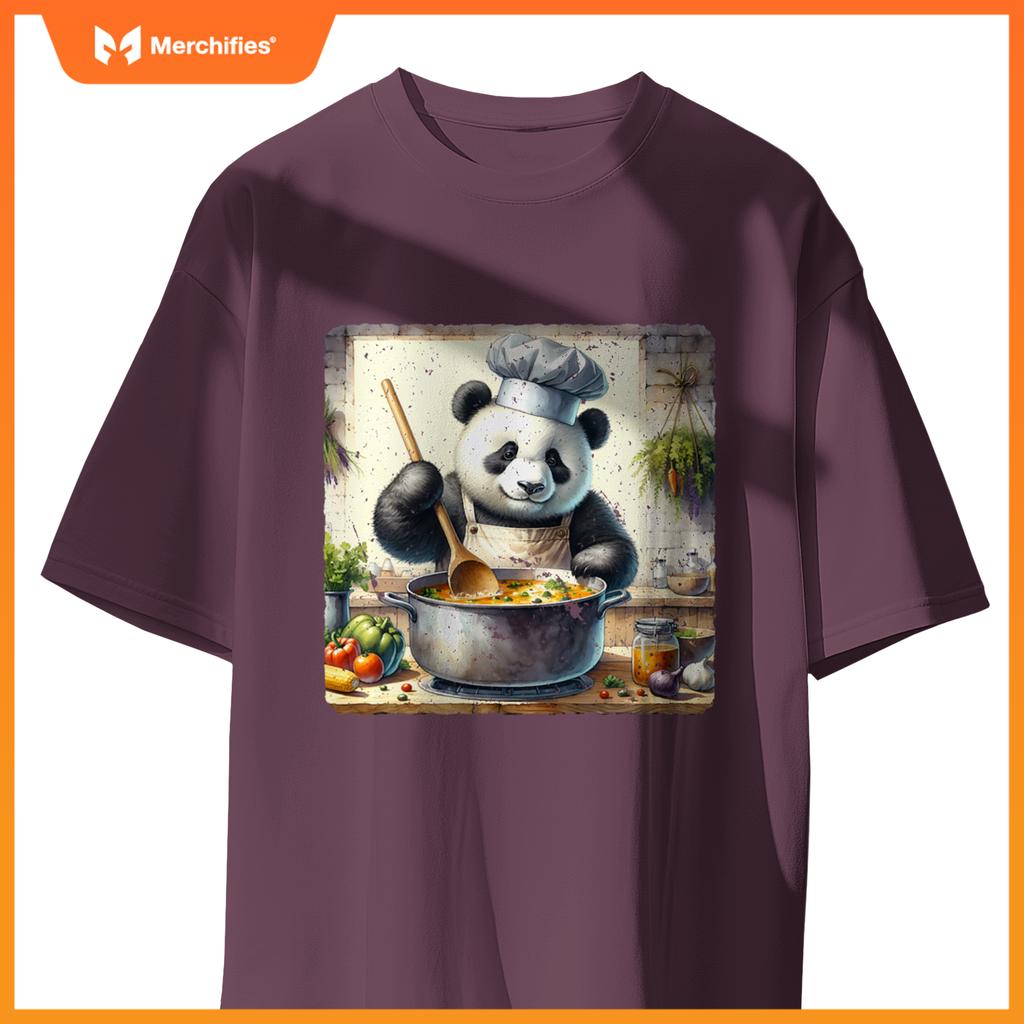 Panda Cooking Soup In A Rural Kitchen Herbs Vegetables Chef T-Shirt