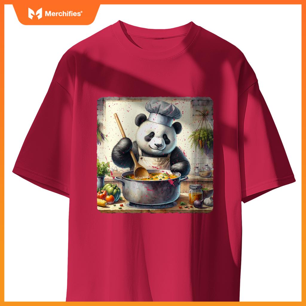 Panda Cooking Soup In A Rural Kitchen Herbs Vegetables Chef T-Shirt