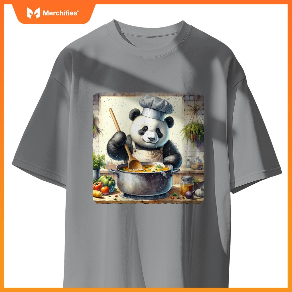 Panda Cooking Soup In A Rural Kitchen Herbs Vegetables Chef T-Shirt