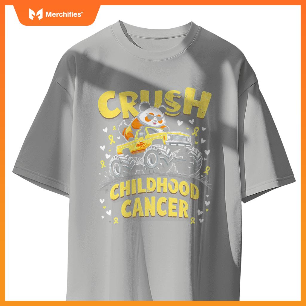 Panda Crush Childhood Cancer Monster Truck Panda Boys Girls T-Shirt