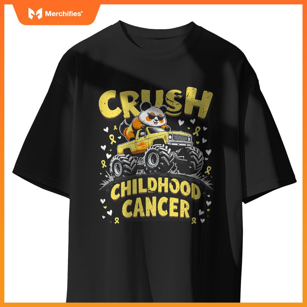Panda Crush Childhood Cancer Monster Truck Panda Boys Girls T-Shirt