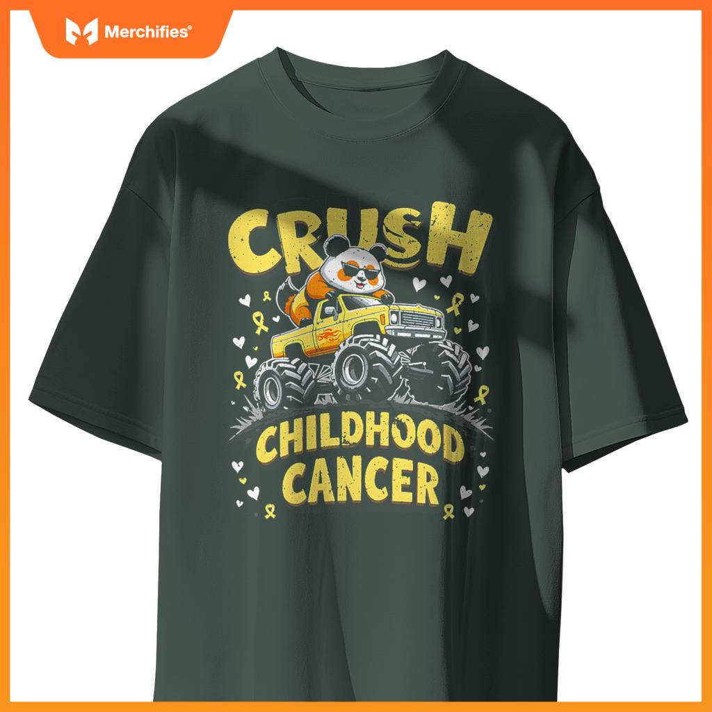 Panda Crush Childhood Cancer Monster Truck Panda Boys Girls T-Shirt