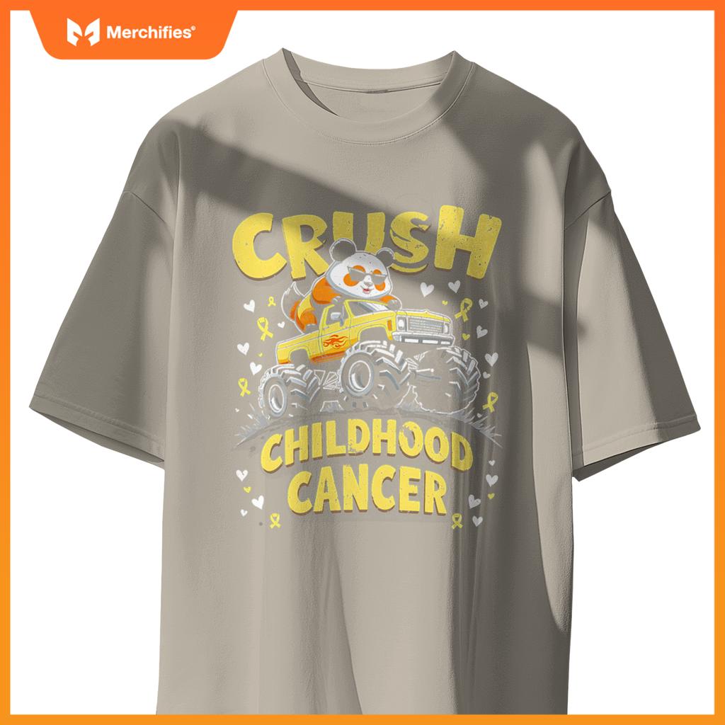 Panda Crush Childhood Cancer Monster Truck Panda Boys Girls T-Shirt