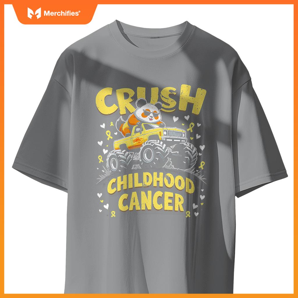 Panda Crush Childhood Cancer Monster Truck Panda Boys Girls T-Shirt