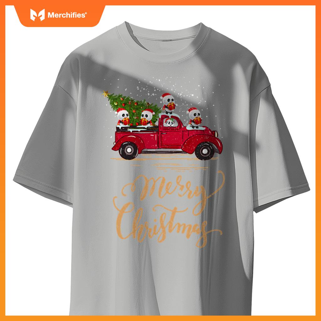 Panda Driving Christmas Tree Truck Panda Christmas T-Shirt