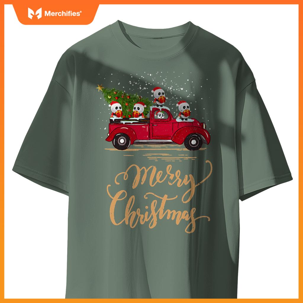 Panda Driving Christmas Tree Truck Panda Christmas T-Shirt