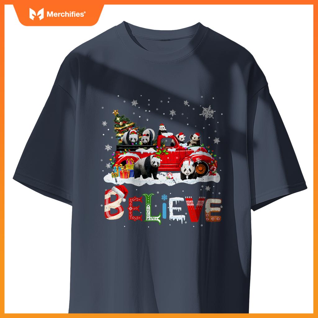Panda Riding Red Truck Christmas Tree Believe Santa Pajama T-Shirt
